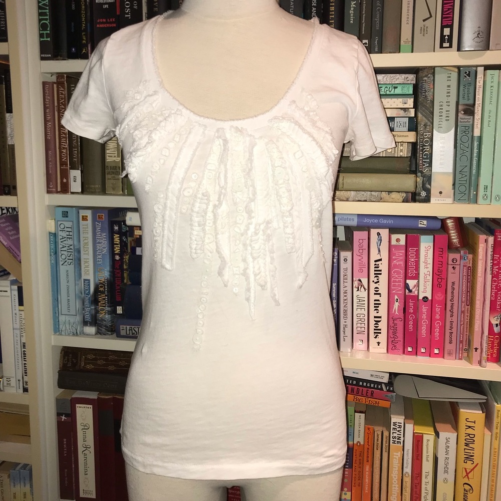 J Crew Sunray White Sequin Scoop neck Tee T-Shirt